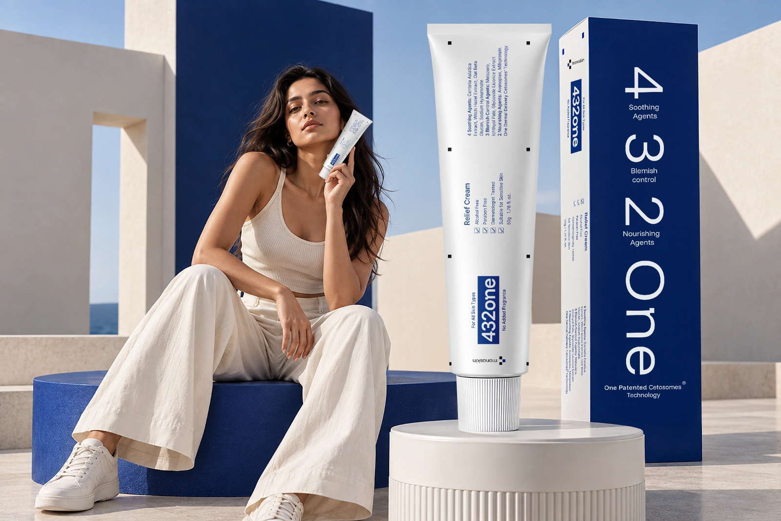 432ONE relief cream campaign with the white tube and blue 4–3–2–ONE packaging