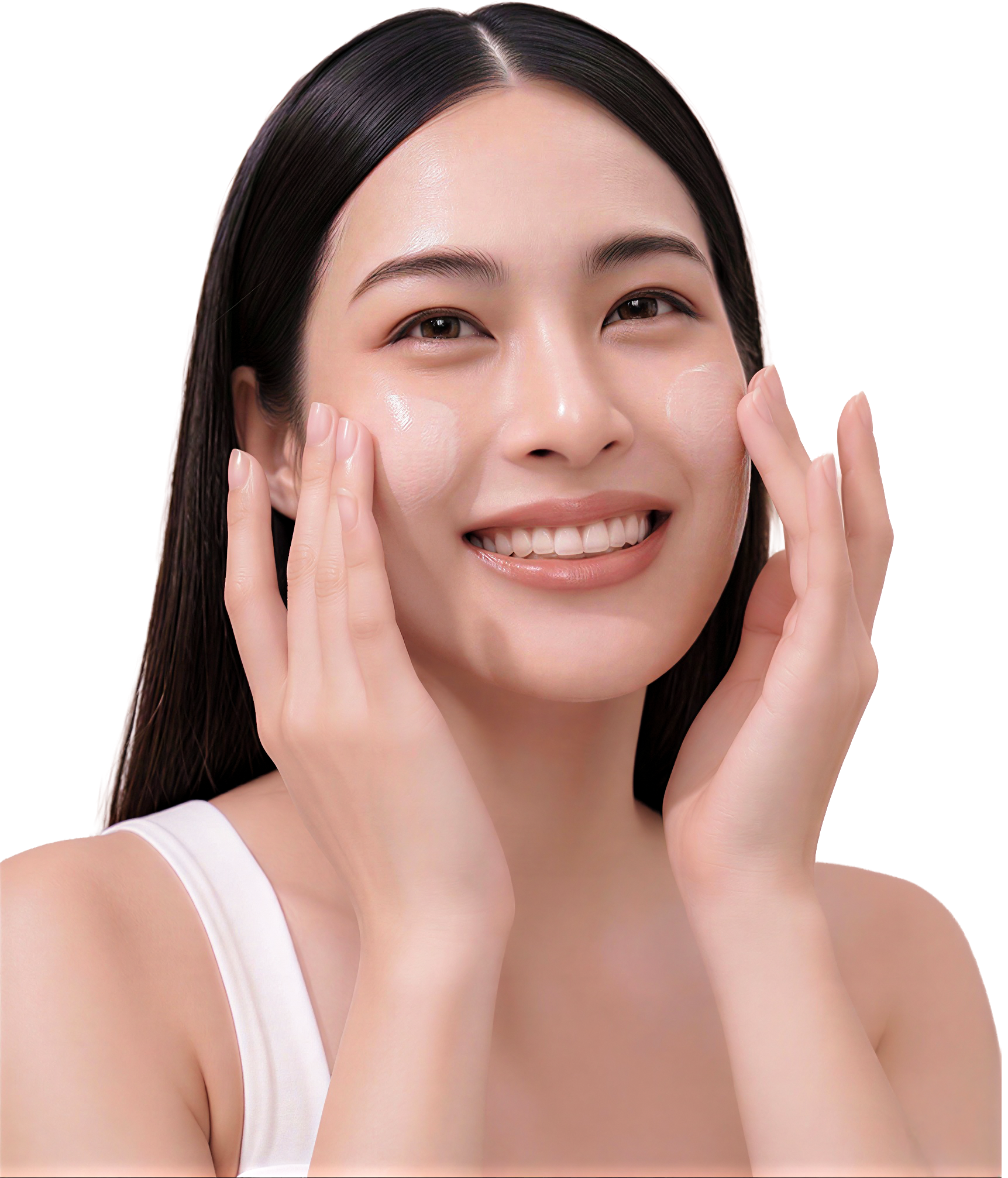 Woman gently applying cream to her cheeks