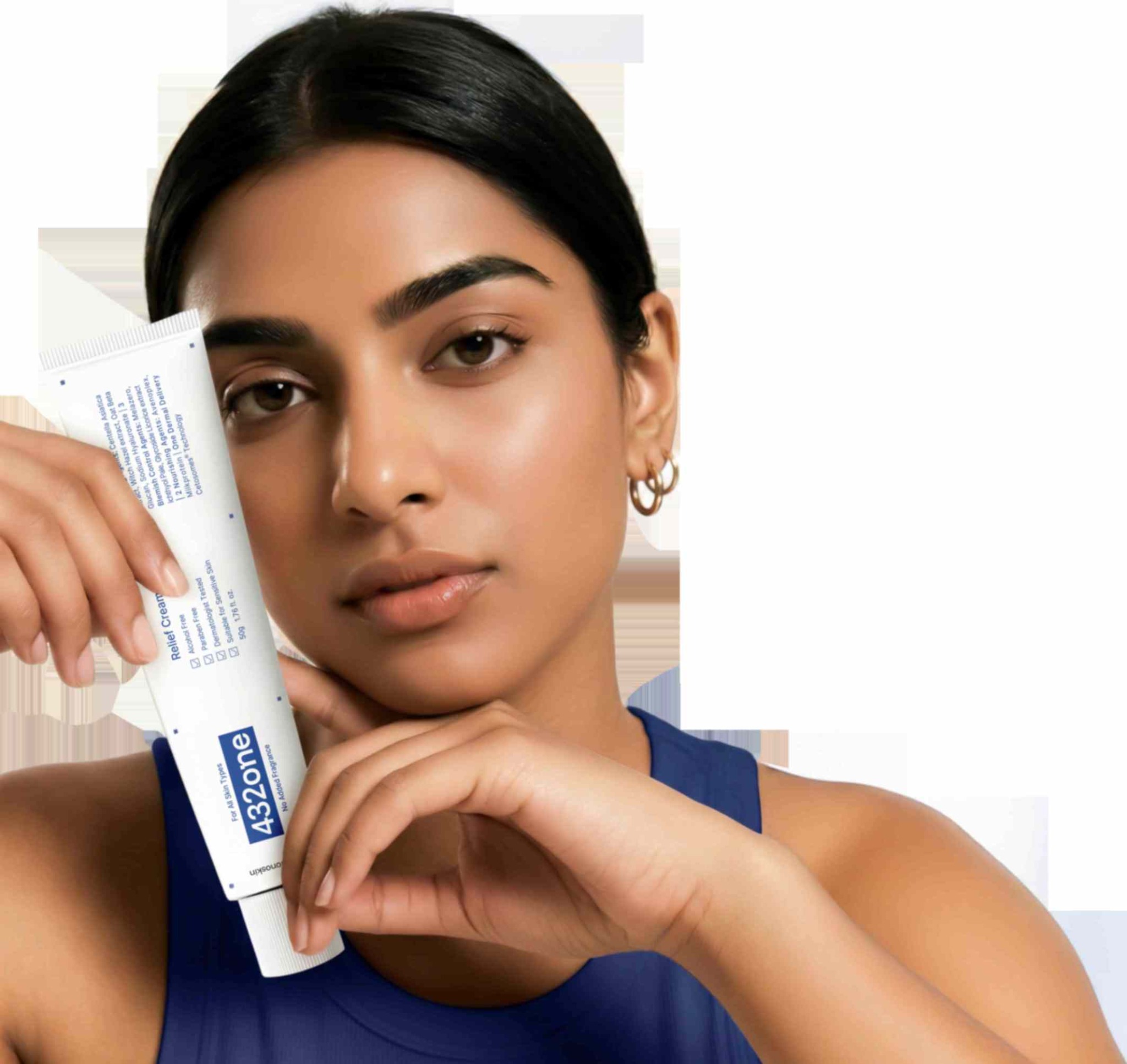 Woman holding a 432ONE tube beside her face