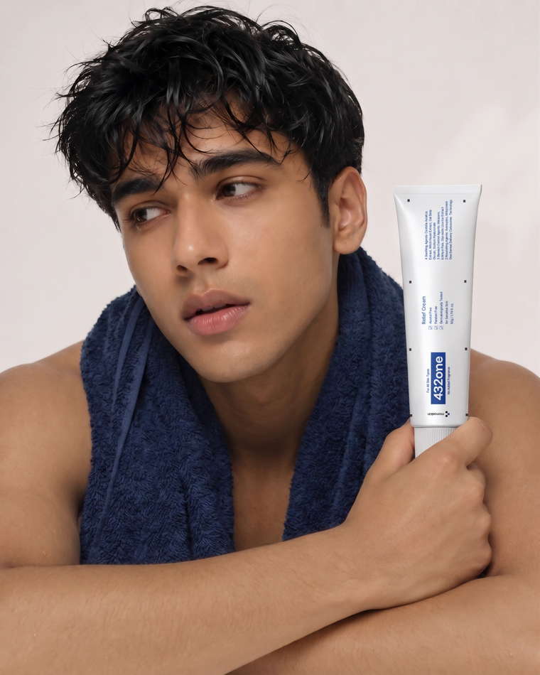 Man holding 432ONE after a shower